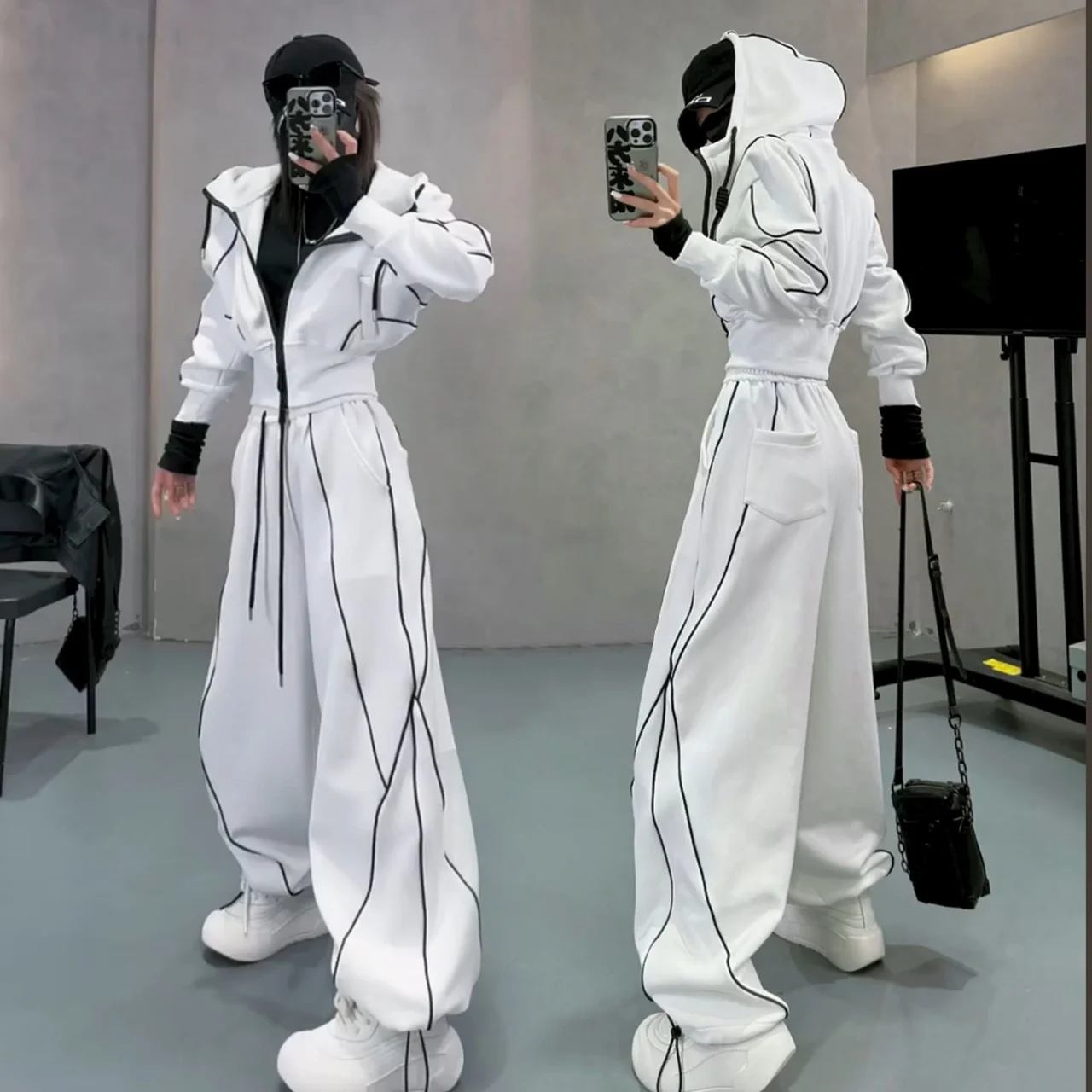 

Women's Edgy Urban Streetwear Tracksuit Set-Cropped Hooded Zip-Up Jacket Baggy Wide Leg Pants Casual Trendy Outfit Spring Autumn