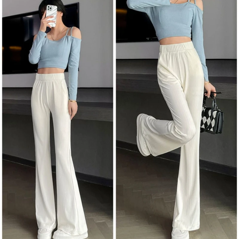 Ice Silk Pants Women Summer Thin High Waist Solid Mopping Pants Casual Trousers Soft Comfortable Elastic Waist Flared Pant