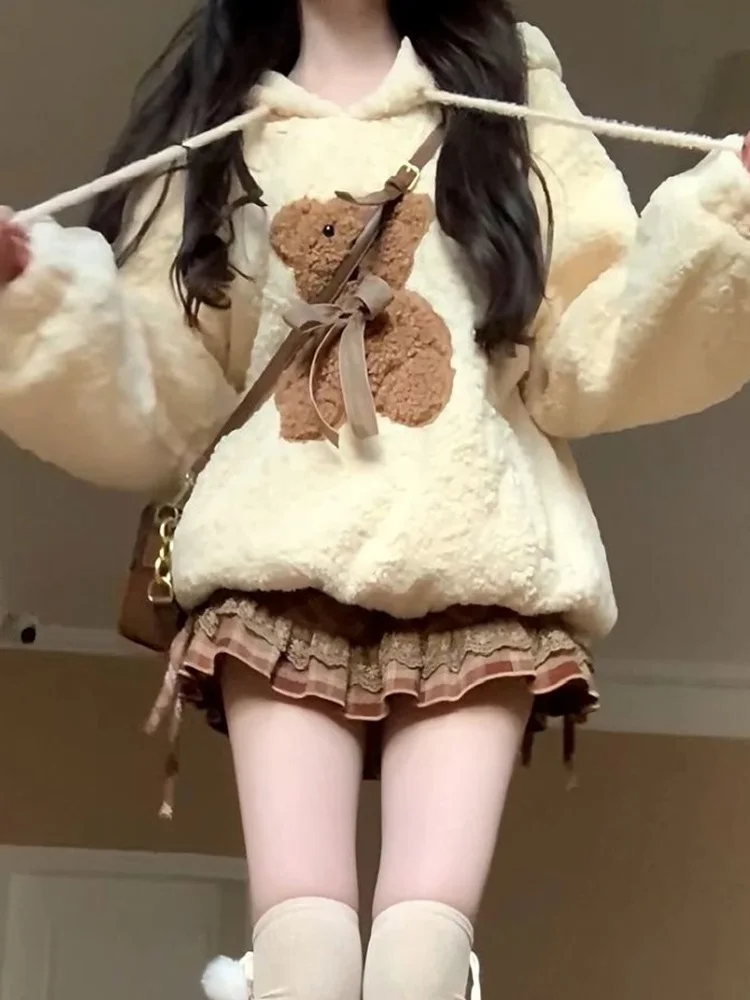 

Корейская утепленная толстовка-худи с плюшевым мишкой для женщин, осенне-зимняя, милая, универсальная, в стиле оверсайз