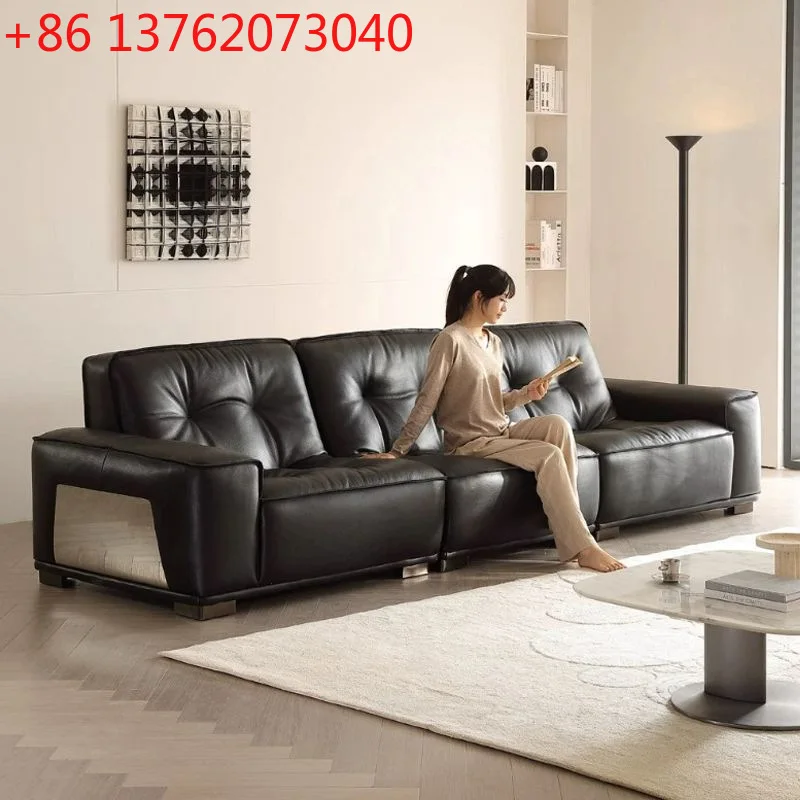 

Итальянский минималистичный диван для гостиной, прямой ряд, дизайнерский первый слой из воловьей кожи, черный диван для маленькой квартиры