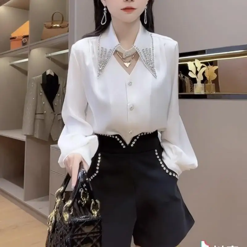 

French Style Acetate Satin White Shirt for Women Spring Elegant Heavy Beading Professional Long Sleeve Chiffon Blouse Women Tops