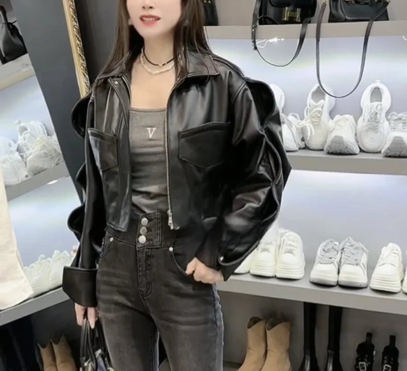 Frühling 2025, Damen ort Leder, Jaet Batwing Sve, echtes Eep-Leder, lockeres Motorrad, Sle, schlankmachend, kleine Größe