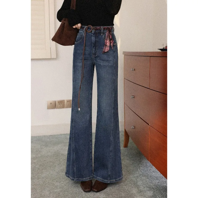 

Женские расклешенные джинсы ALXNAN, весна 2026, синие, винтажные, с высокой талией, свободные брюки, элегантные повседневные джинсовые штаны с бесплатным ремнем L60561