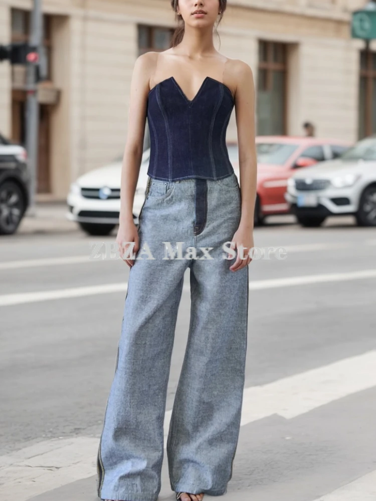 ZBZA Vintage Patchwork Jeans High Waist Multi-pocket Inner Layer Outer Wear Wide-leg Straight Pants Fall New Female Chic Trouser