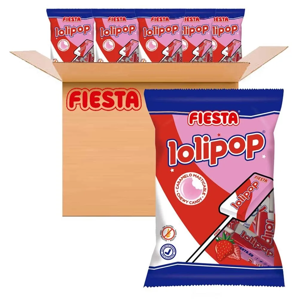 Lolipop Fresa Fiesta caja  con 15 bolsas de 4 unidades de 12 gramos Raíz Inicio Gominolas y Caramelos 48536