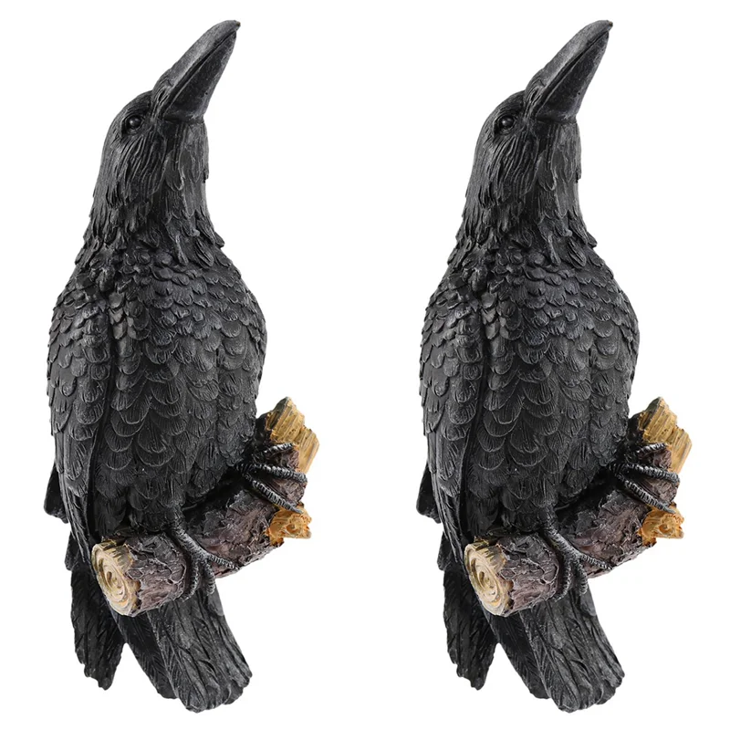 

2X Raven Statue Fake Raven Resin Statue Bird Crow Sculpture Outdoor Crows Halloween Decor Creative Eauves Decoration-AA25