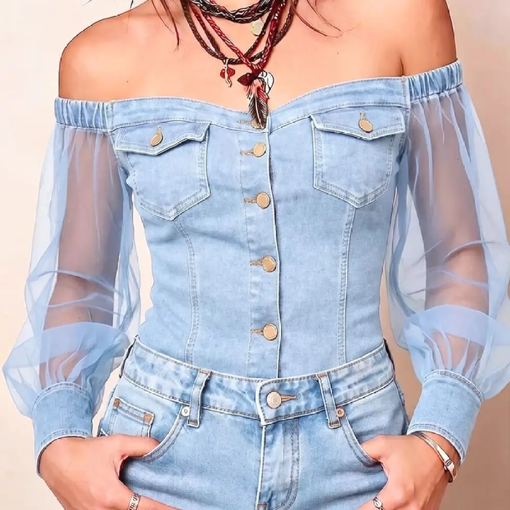 Summer Fashion Women Off Shoulder Top Casual Denim Pattern Print Chiffon Blouse Elegant Long Sleeve Streetwear Trendy Apparel