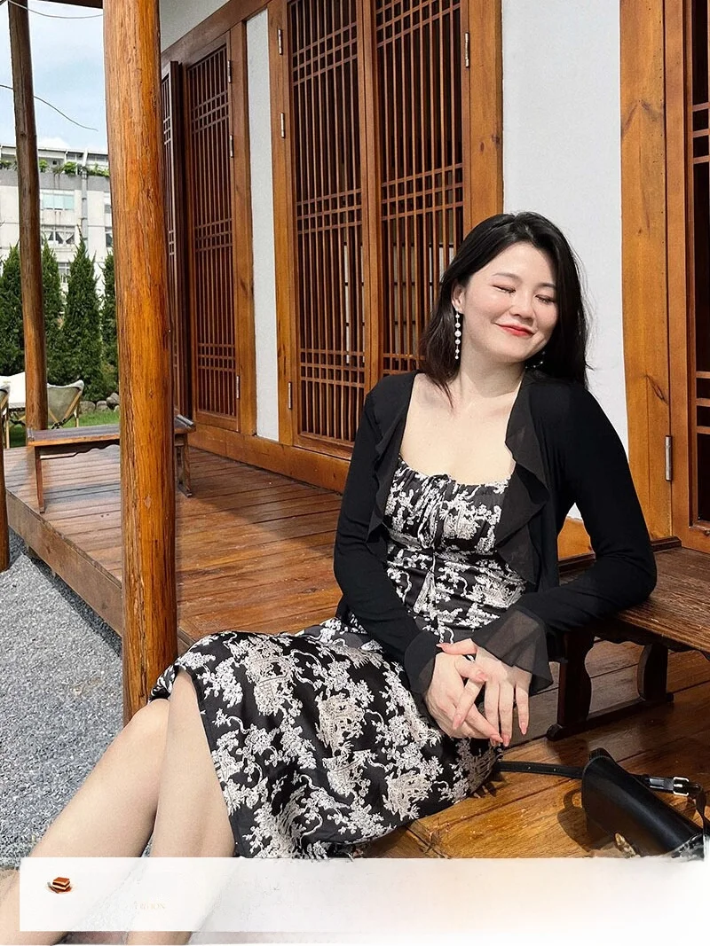 

plus Size Summer New Style Black Long Sleeve Short Coat Women's Outerwear V-Neck Lace Trim Cardigan Slim Fit Commute Fashion