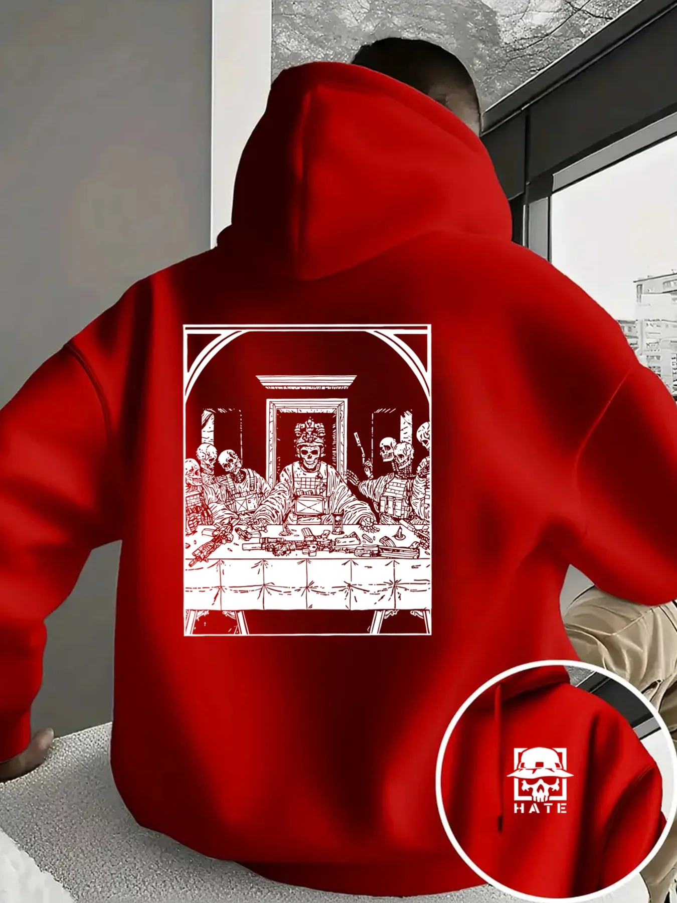 Herren Sport Hip-Hop Hoodie mit Skelett-Last-Supper-Rückendruck, Streetwear, lockerer Fleece-Pullover, lässiges Herren-Outfit – Detail 6