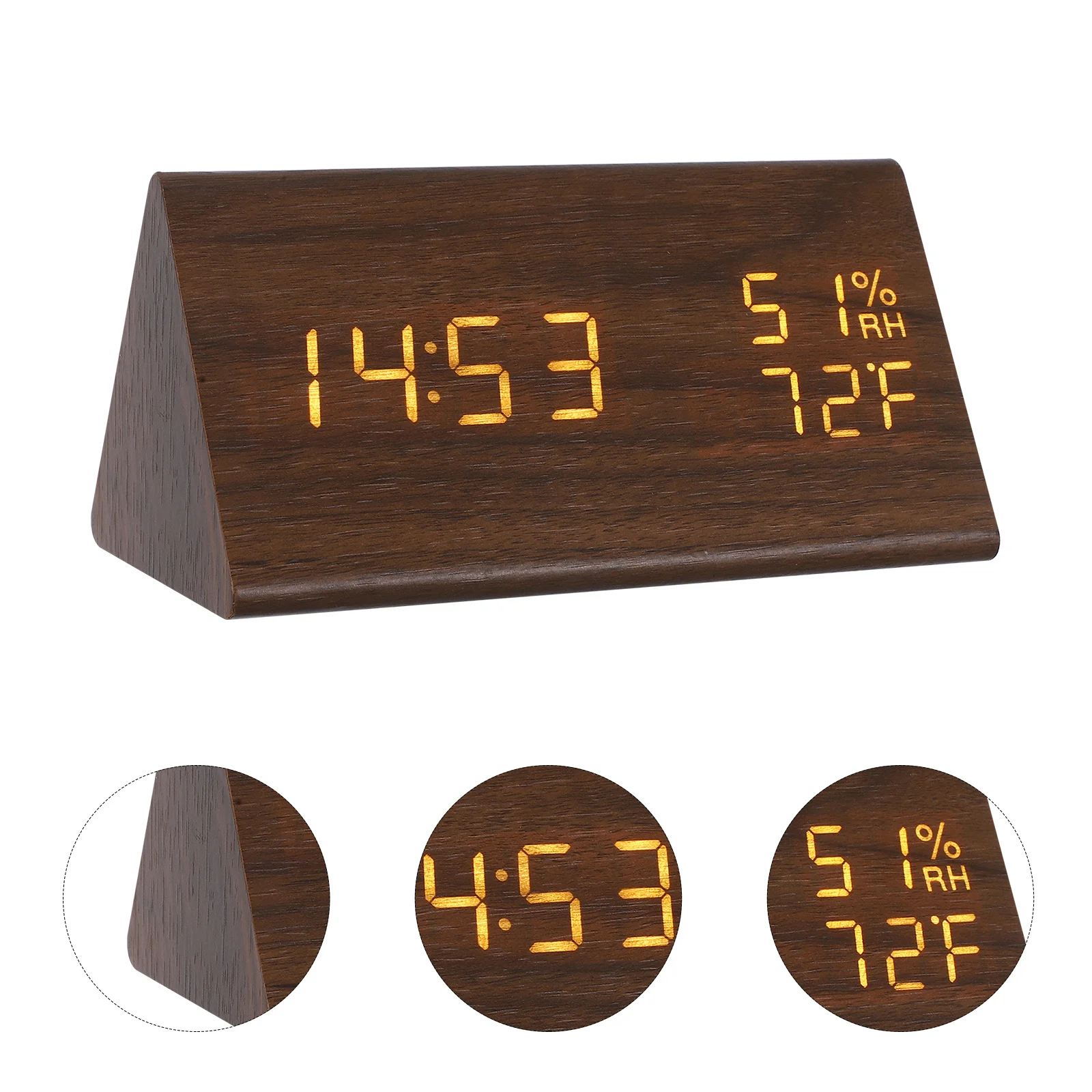 

Triangle Digital Alarm Clock Wooden LED Display Temperature Humidity Adjustable Brightness Desk Clock Clocks for Living Room