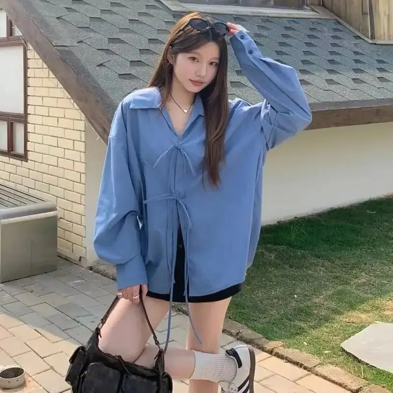 Koszule damskie w stylu koreańskim, niebieskie, sznurowane, z dekoltem w serek, z długim rękawem, vintage, luźne bluzki, codzienne, eleganckie w stylu francuskim, jednolite kolory.