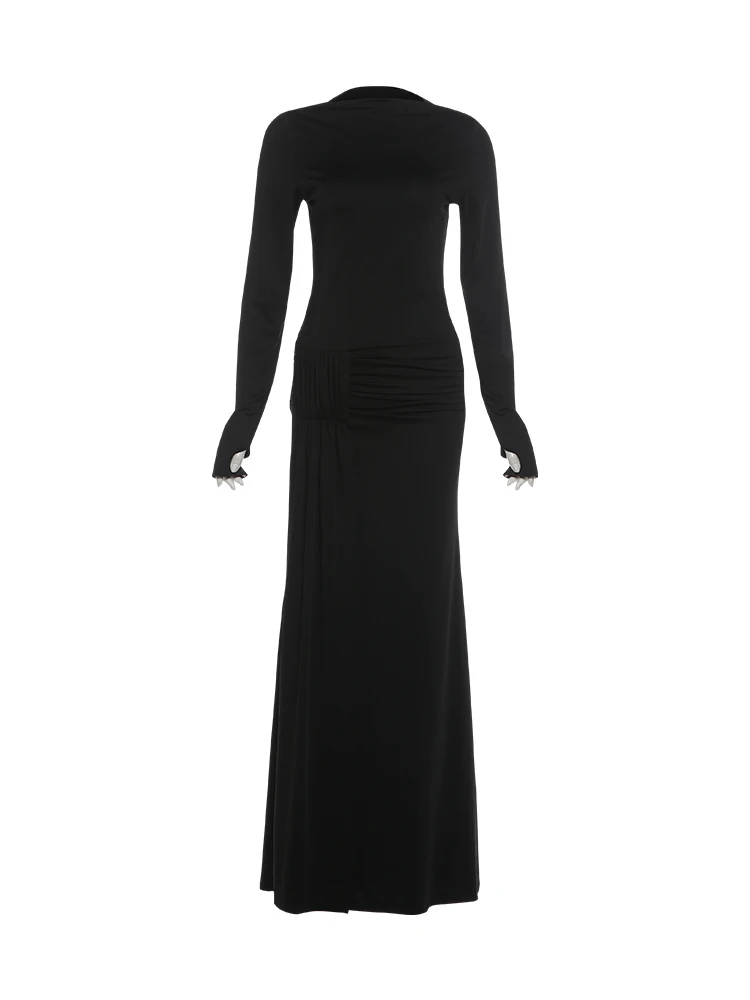 Weird Puss Elegantes Kleid mit Raffungen für Damen, Herbst-Trend, O-Ausschnitt, lange Ärmel, tailliert, figurbetont, Stretch, lässiger Alltagsstil, langes Bodycon-Kleid – Detail 2