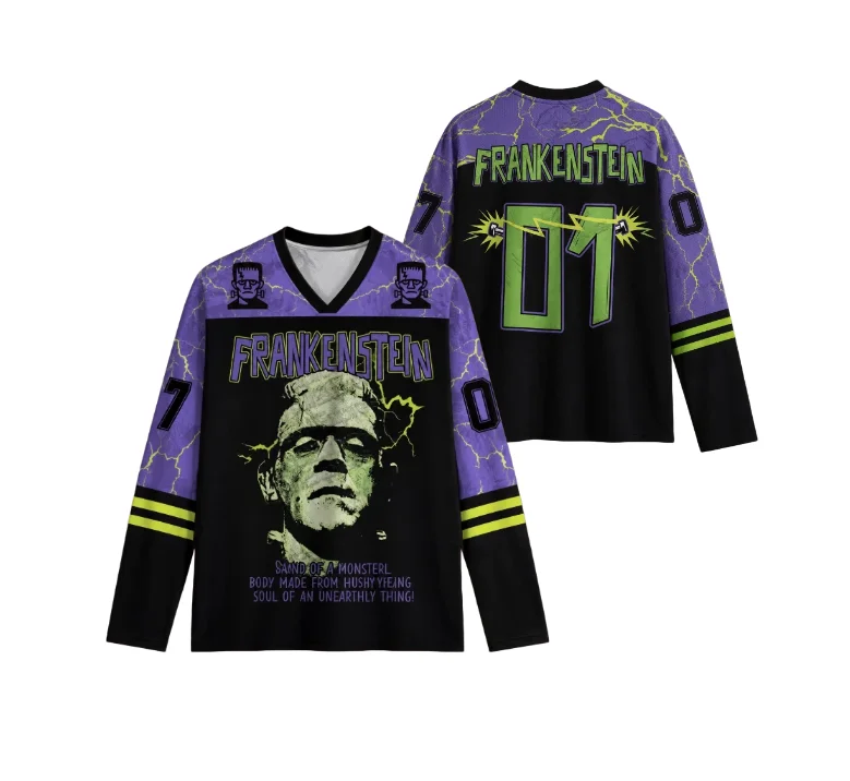 Halloween Monster Graphic Jersey T‑Shirt V‑Neck Short Sleeve Lightning Print Unisex Retro Horror Casual Sports Tops