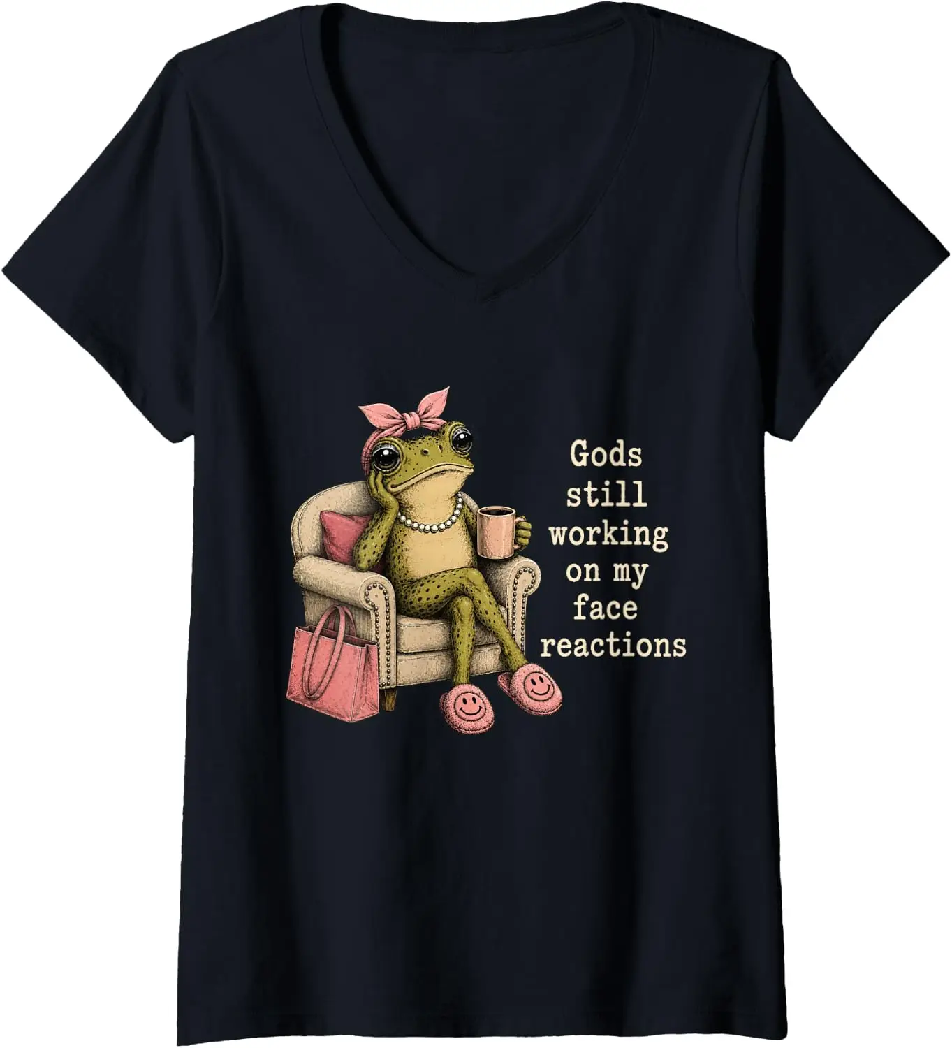 Women's Gods Still Working On My Face Reactions Funny Frog V-Neck T-Shirt 100% Cotton Trendy Y2K Short-Sleeve Tee-Soft,