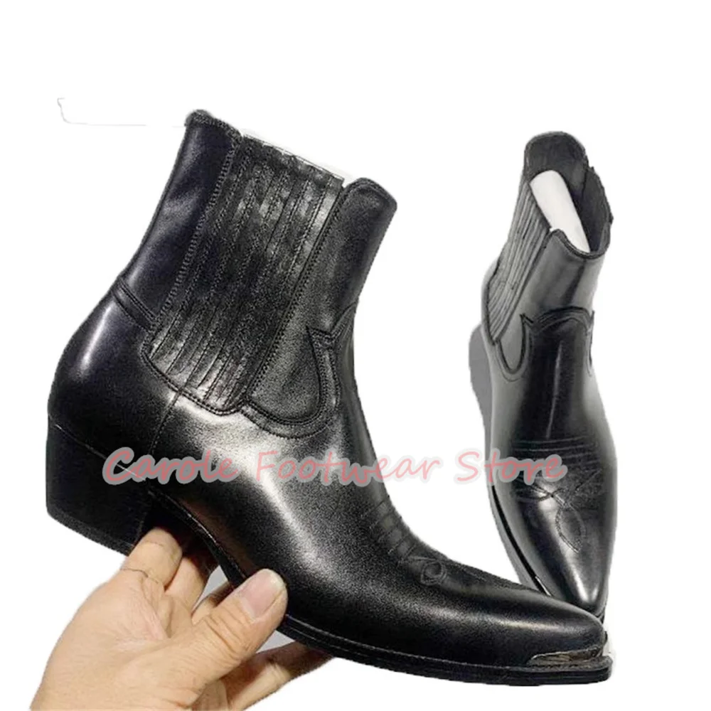 

Genuine Leather Carving Ankle Boots Male High Top Wedges Short Boots Fashion Metal Roudn Toe Chunky Heel Chelsea Boots for Men
