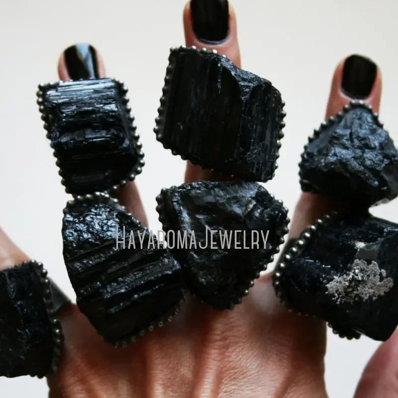 10pcs Tourmaline Crystal Ring Large Raw Schorl Adjustable Goth Witchcraft Wicca Boho Jewelry Men Halloween Boho Black Accessory