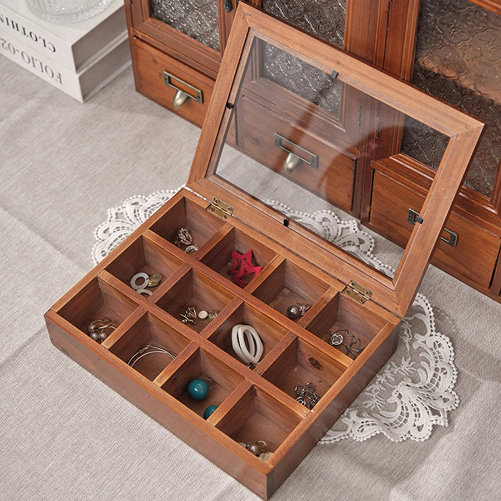 

9/12 Grids Organizer Box Jewelry Hairpin Earring Necklace Tea Bag Storage Box With Transparent Lid Vintage Wooden Storage Box