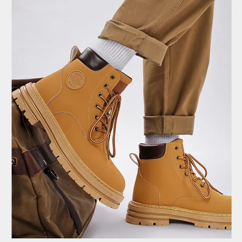 Men Retro Work Shoes Autumn Winter Men\'s High Top Non Slip Warm Casual Boots Cow Suede Lace-up Round Head Tooling Boots for Men