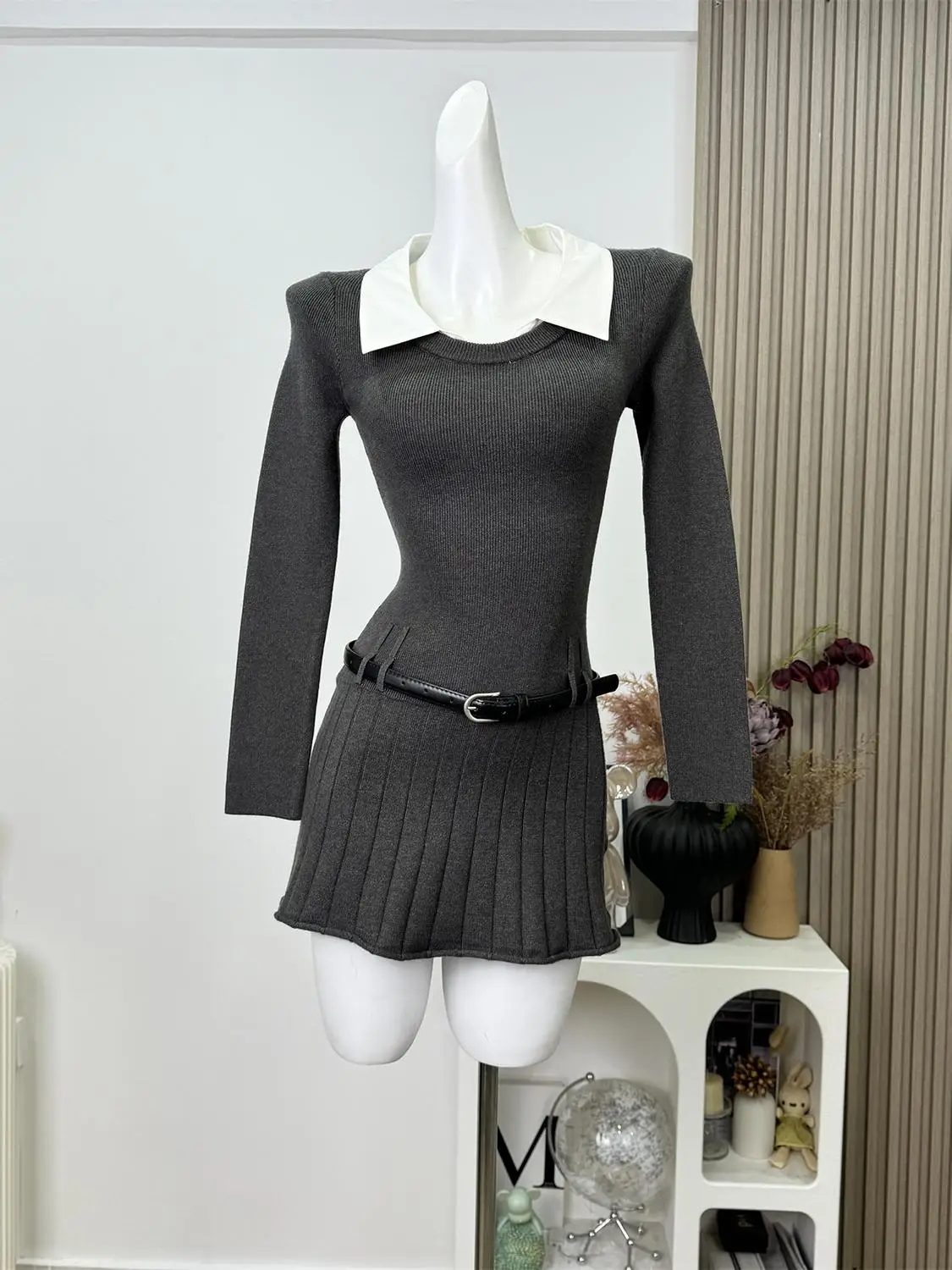 

Women Korean Preppy Style Mini Black Shirt Dress Fake Two Pieces Long Sleeve One-Piece with Belt 2000s Aesthetic Party Y2k Tide