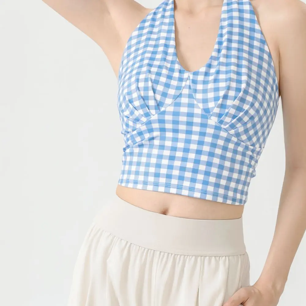 Slim Fit Plaid Halter Yoga Tank Top V Neck Cropped Sports Bra Quick Dry Breathable Fitness Gym Workout Camisole Vest