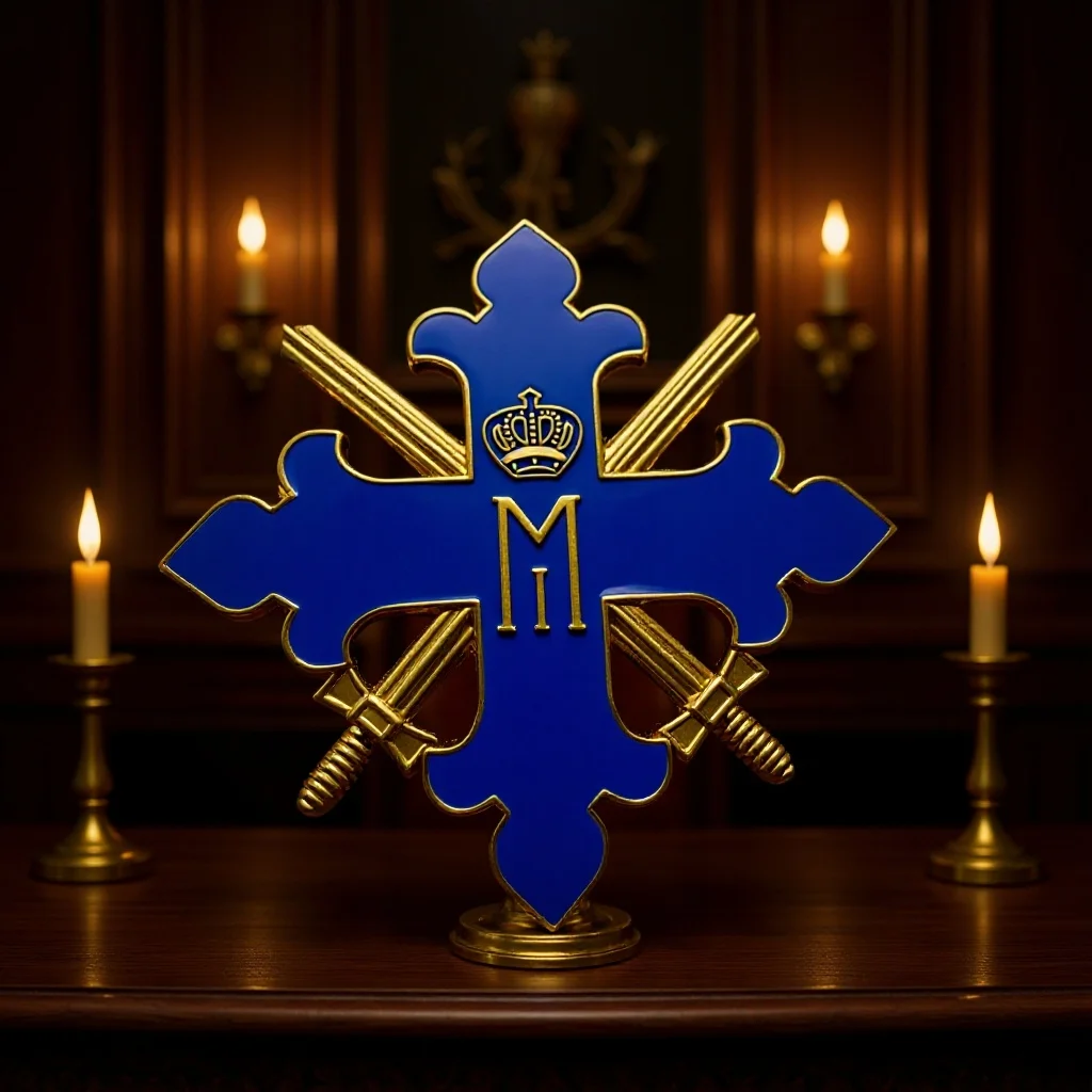 

Royal Blue & Gold "M" Cross Badge – Regal Military-Inspired Pin for Fashion, Collectors & Fans of Noble Symbolism