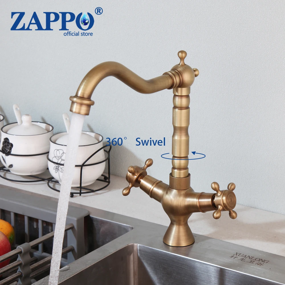 

ZAPPO Antique Brass Kitchen Sink Faucet Mixer 360 Swivel Taps For Bathroom Kitchen Sink Faucets Hot Cold Water Mixer 2 Handle