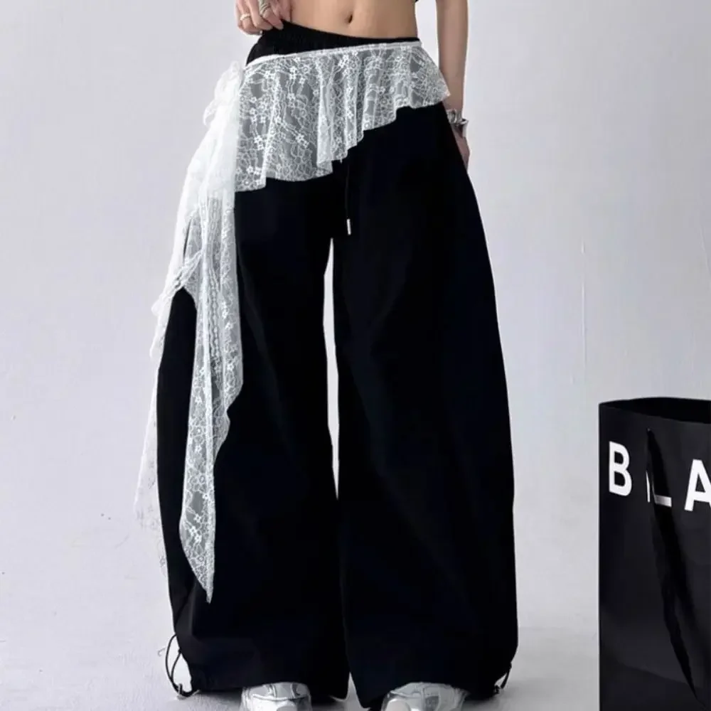 Embroidered Flower Lace Mini Skirt Irregular Y2K Streetwear Ruched Skirts Lace-up Design Harajuku Lace Up Ruffles Skirt