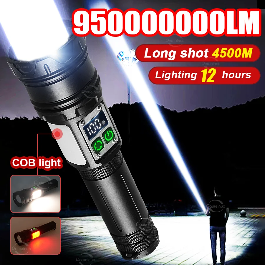 

Новый светодиодный фонарь 95000000LM с мощным светом, перезаряжаемый, со встроенным аккумулятором, дальность 4500 м, тактический фонарь для кемпинга и рыбалки, фонарик аккумуляторный 18650, уличное освещение