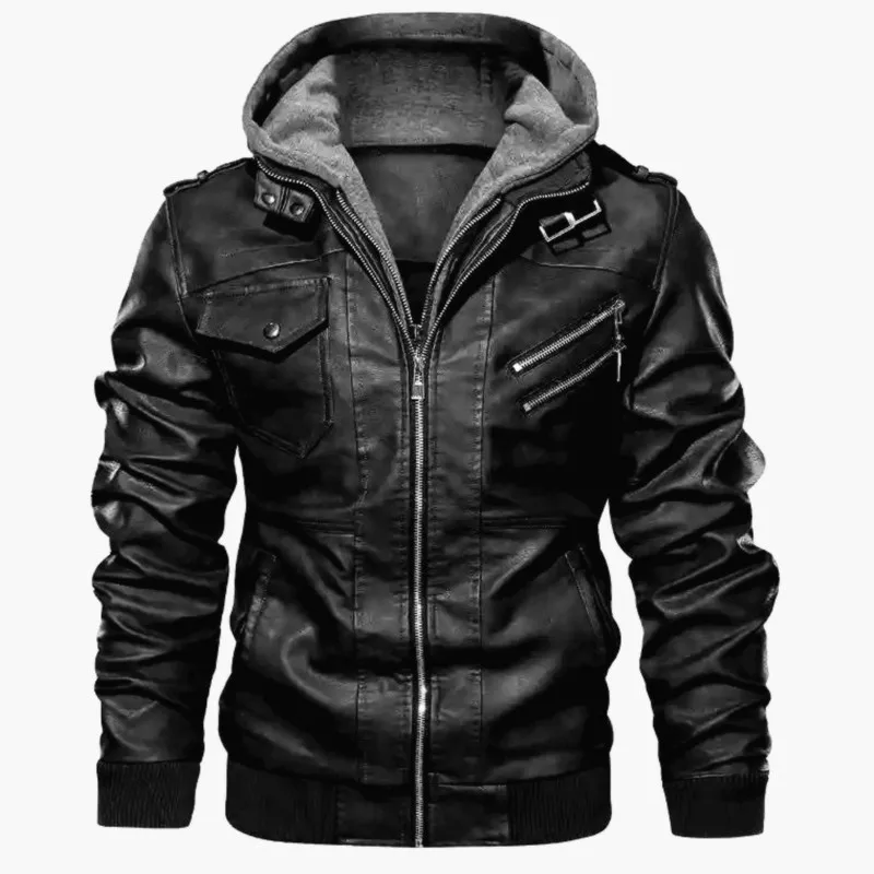 

2025 PU Zipper Winter and Autumn Casual Hooded Zipper Young Black Stand-up Collar Men's Leather Jacket