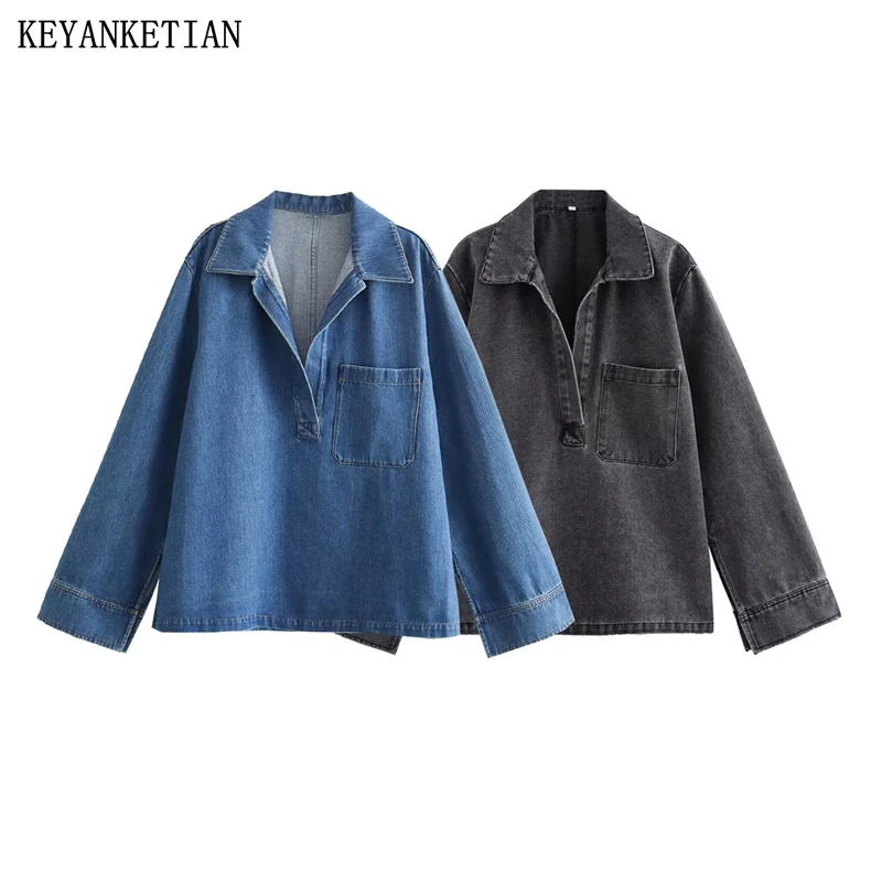 

KEYANKETIAN 2024 New Women's Oversize Long Sleeve Cowboy Shirt Autumn Unisex style Pockets Casual Mid-length Loose Denim Top