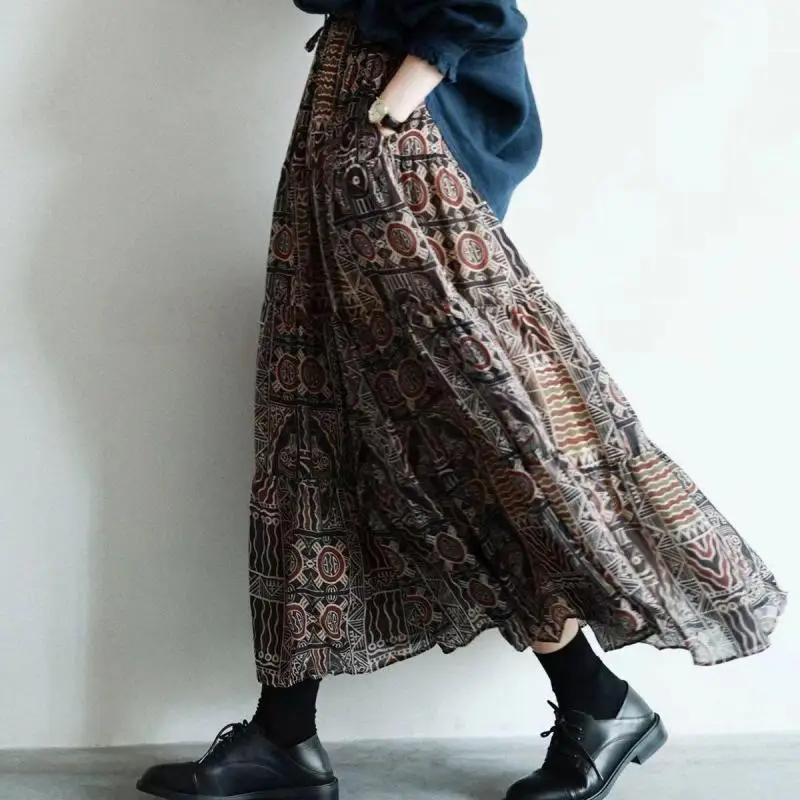 New Arrival 2024 Summer Arts Style Women Elastic Waist Loose A-line Skirt Double-deck Chiffon Vintage Print Długie spódnice