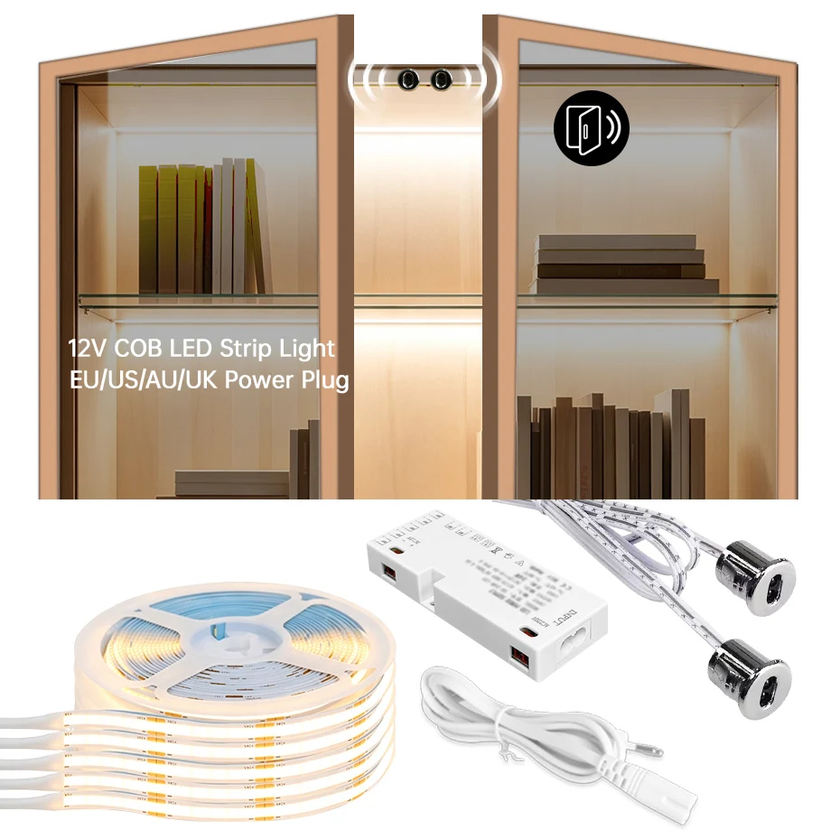 1-6PCS Double Door Sensor Control COB LED Strip Light 12V Under Cabinet Lamp Auto ON/OFF Showcase Wardrobe Proximity Lighting