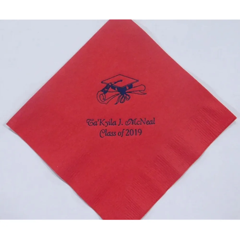 

50PCS 100 Graduation Cap Diploma Personalized Beverage Napkin Custom Stamped Cocktail Napkins Foil Party Class of High School Co