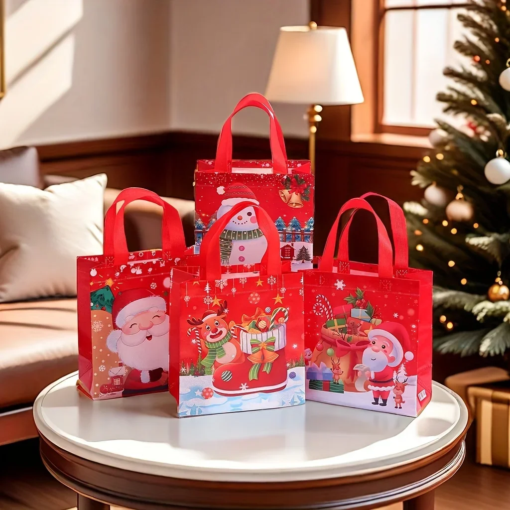 24pcs Foldable PP Christmas Gift Bags Red Santa Reindeer Snowman Prints for Party Favors Presents Reusable Tote Bag with Handles