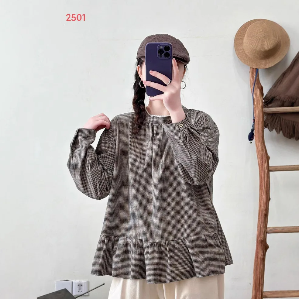 

[Ready Stock] High Quality Women 100% Cotton Blouse Shirt Literary Small Fresh Vintage Stand-Up Collar Plaid Long Sleeve Blouses