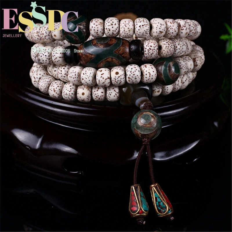 Handmade Natural Hainan Star Moon Bodhi 108 Mala Bracelet High Density White  Seed & Third Eye Beads Necklace Dropship