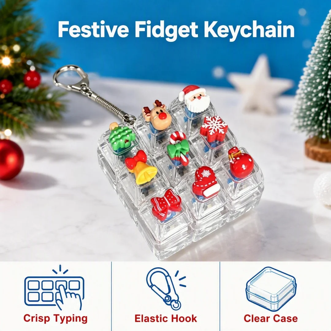Christmas Keychain Gift 9Key Keyboard Fidget Key Chain Cute Cartoon Clicky Keyboard Clicker Backpack Charm Pendant Stress Relief