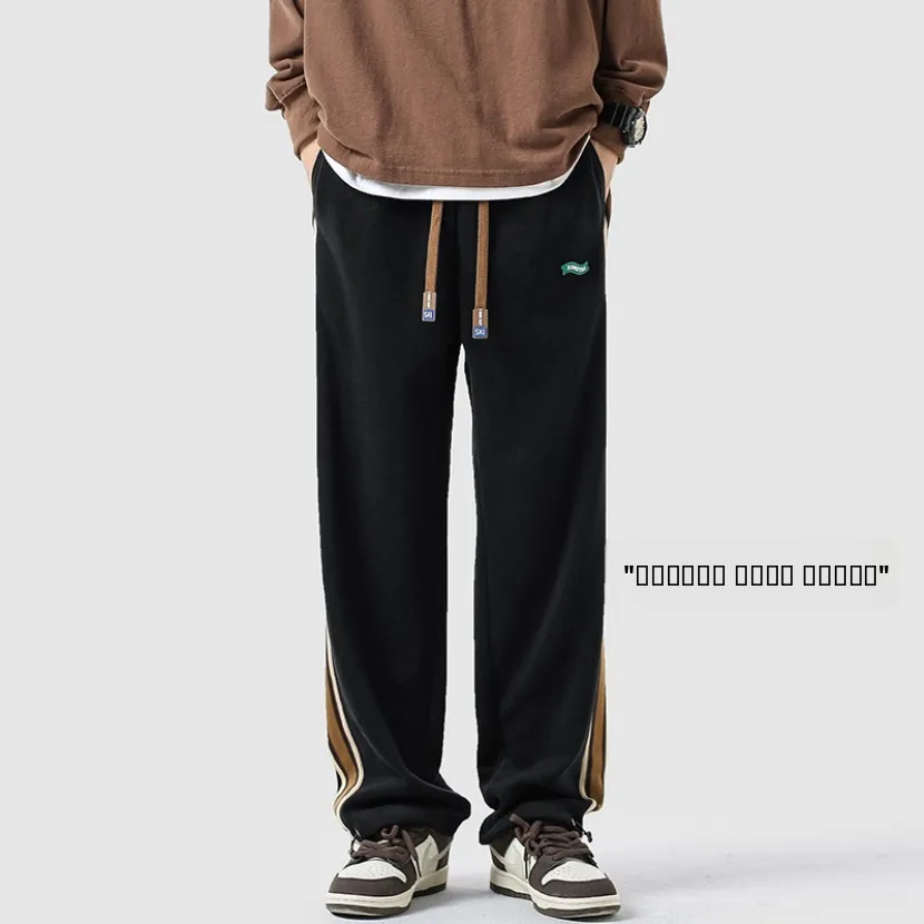 

Мужские зимние брюки свободного кроя с флисовой подкладкой, прямые повседневные длинные брюки, модный американский ретро-дизайн в полоску