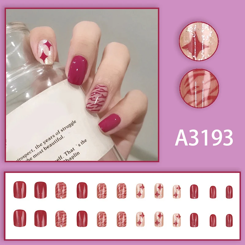 Faux ongles carrés courts à blocage de couleur rouge baie sauvage, avec adhésif gelée, couverture complète détachable, à pression, artificiels, 24 pièces