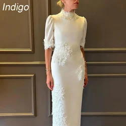 Indigo Evening Dresses High Neck Appliques Half Sleeves Ankle-Length Formal Party Dress Women Vestidos De Noche Customized