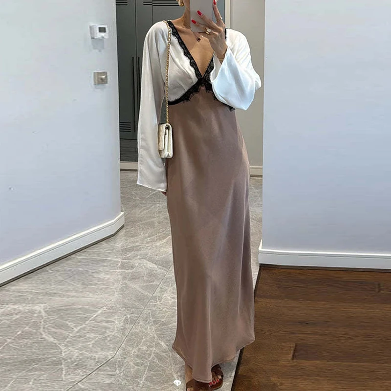 セクシーなレーススプライスVネックカラーブロックイブニングドレス、エレガントなサテンロングスリーブフィット、バンケットドレス、秋の女性用通勤ロングドレス