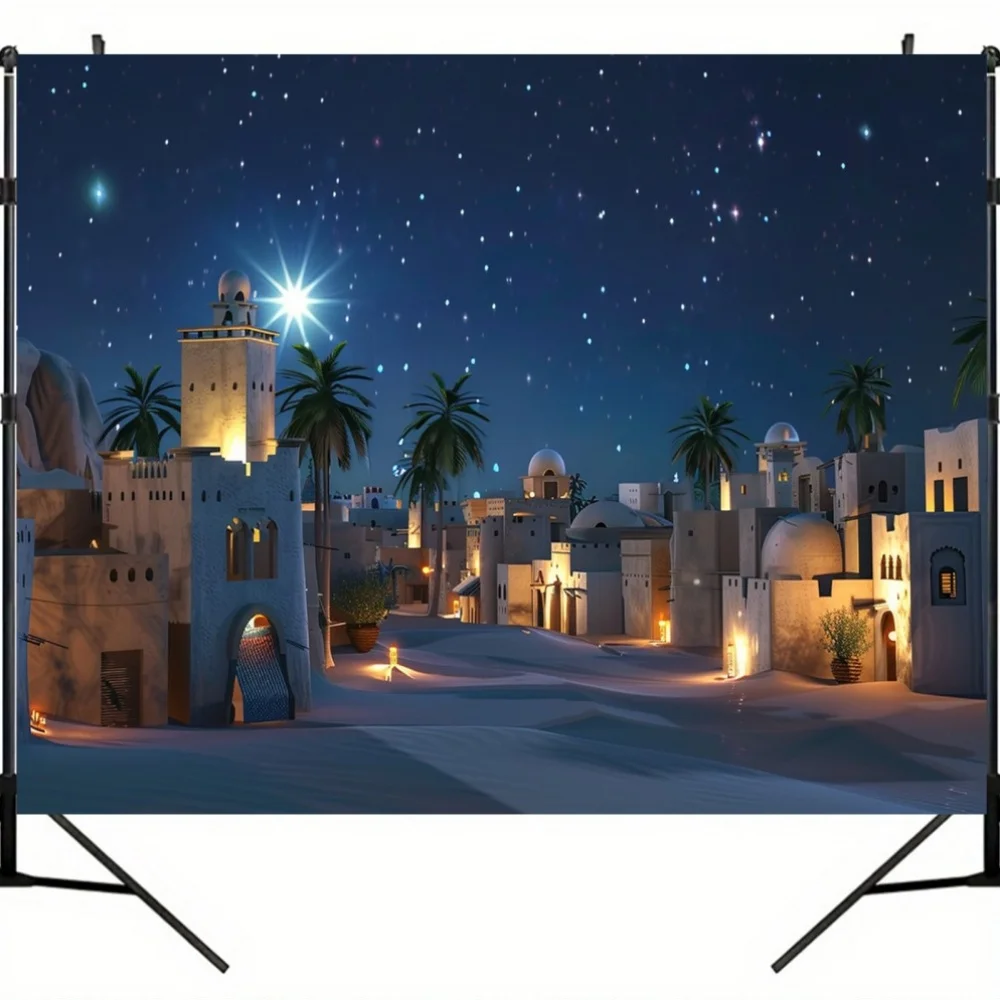 قطعة واحدة من خلفية مشهد عيد الميلاد المصنوعة من البوليستر - تصميم نجمة Bethlehem مع نجوم مضيئة وسماء ليلية ضوء القمر والبوليستر #3
