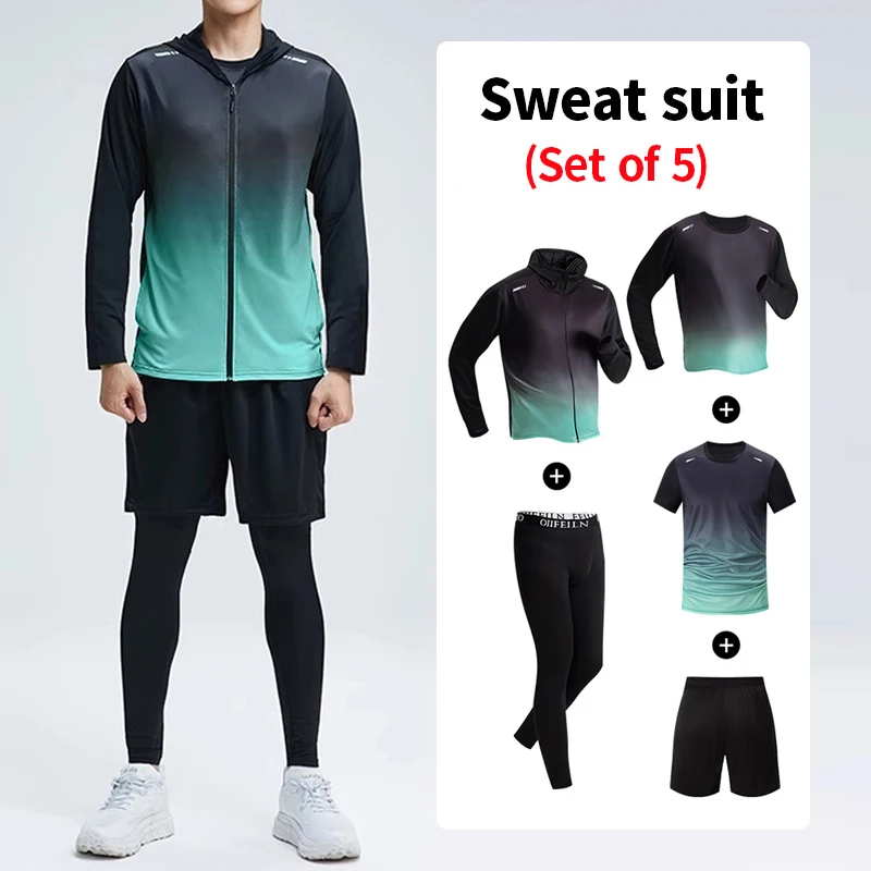 

5-Piece Men's Set, Spring/Summer Youth Gradient Set T-Shirt Sports Running Hiking Breathable Comfortable And Fashionable