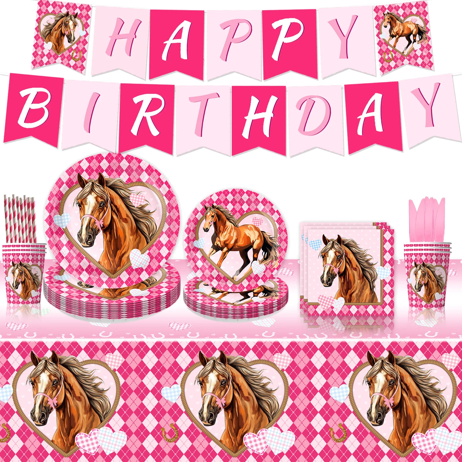 

Pink horse race Birthday Festival Tableware disposable Paper plates Paper towels tablecloth Birthday ecorations Atmosphere arran