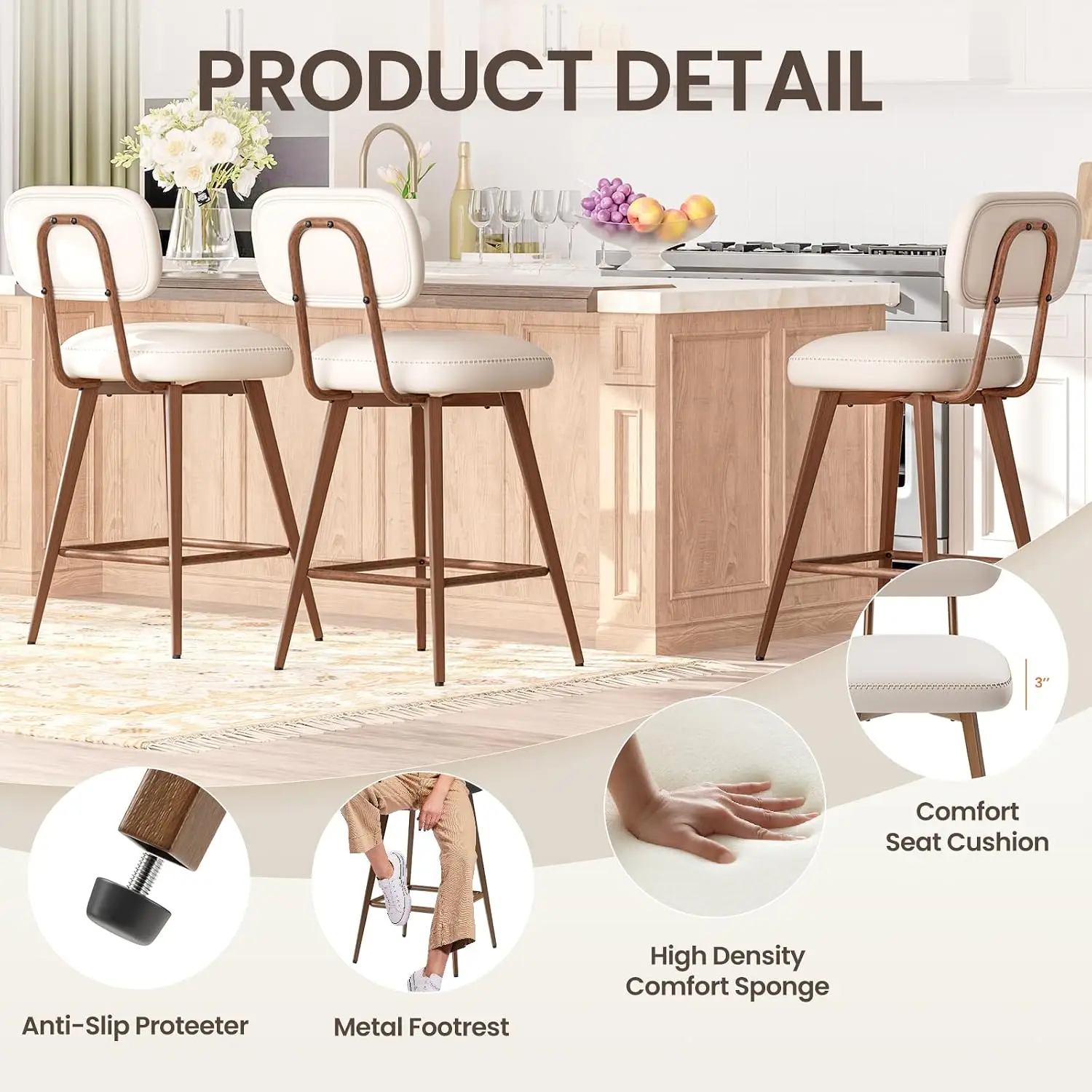 26“ Swivel Bar Stools Set of 2, Mid Century PU Leather Counter Height Bar Chairs with Low Back and Metal Legs, Modern Bar Stool view 5