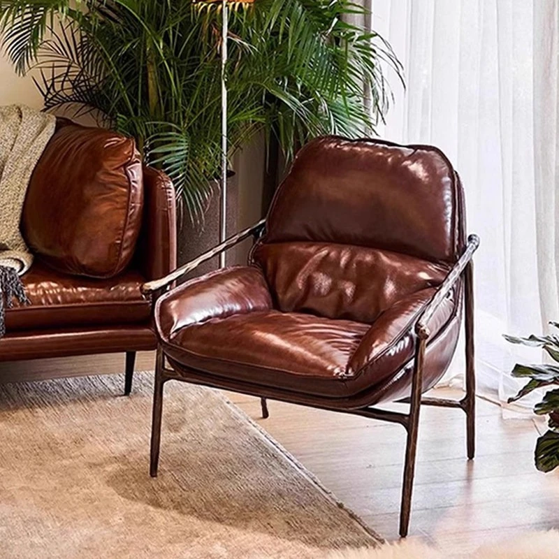 French retro oil wax leather single sofa chair medieval wrought iron designer cigar chair hand-forged leisure chair