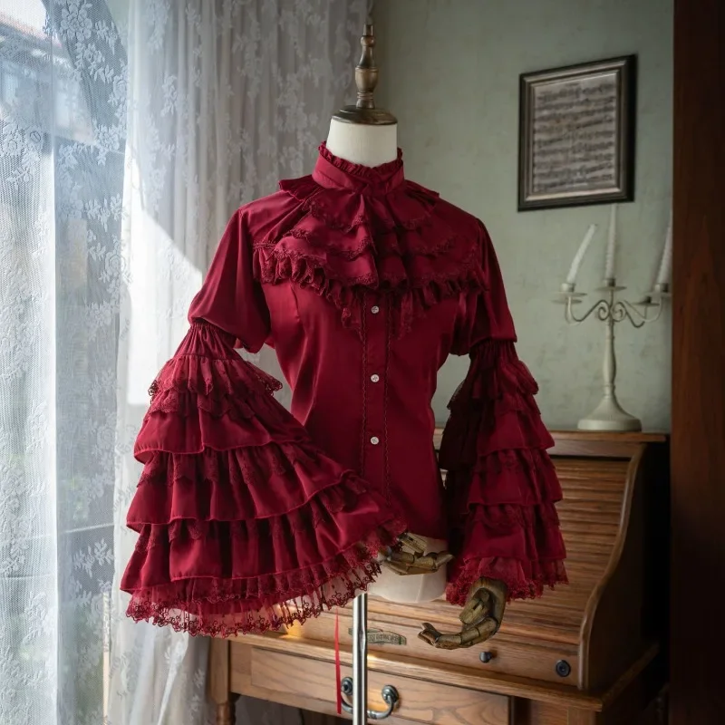 Moda pesada lolita camisa feminina rendas retalhos fungo alargamento manga blusas 2025 primavera outono novos topos de fundo mujer
