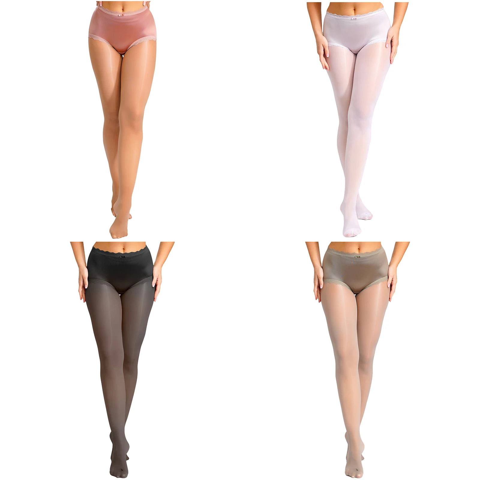 Womens Glossy Satin Pantyhose Lingerie Sheer Floral Lace Patchwork at Butts High Waist Tights Leggings Sexy Bodystockings