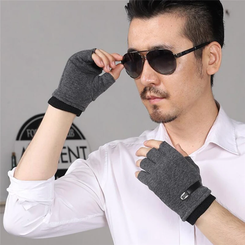 Fingerless Gloves Winter Men Driving Suede Leather Black Grey Half Finger Elastic Gloves Outdoor Bike Mittens Winter Warm Gloves