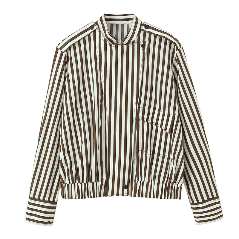 

Women's Shirt 2026 Spring New Release, Reddish-Brown Striped Long-Sleeve Shirt with Asymmetrical Decorative Jacket Style Casual